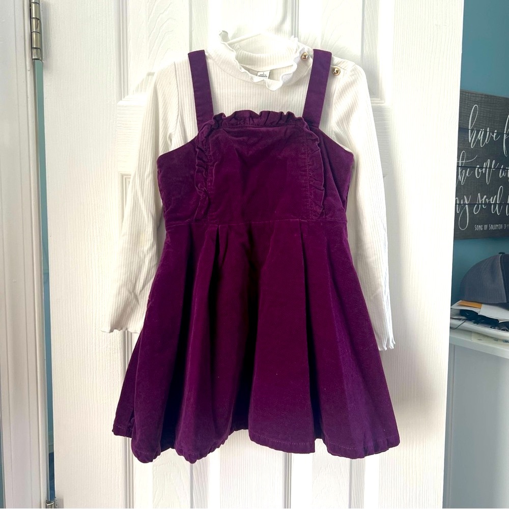 EUC Janie and Jack Purple Velour Pinafore Dress with White Top